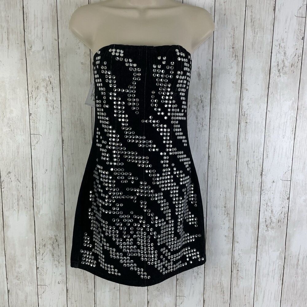 Nasty Gal Zebra Diamante Denim Mini Dress Black Size US 0 - NWT